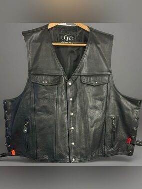 Leather King Men’s Black Leather Moto Vest Side Lace Biker Club Size 58 4XL